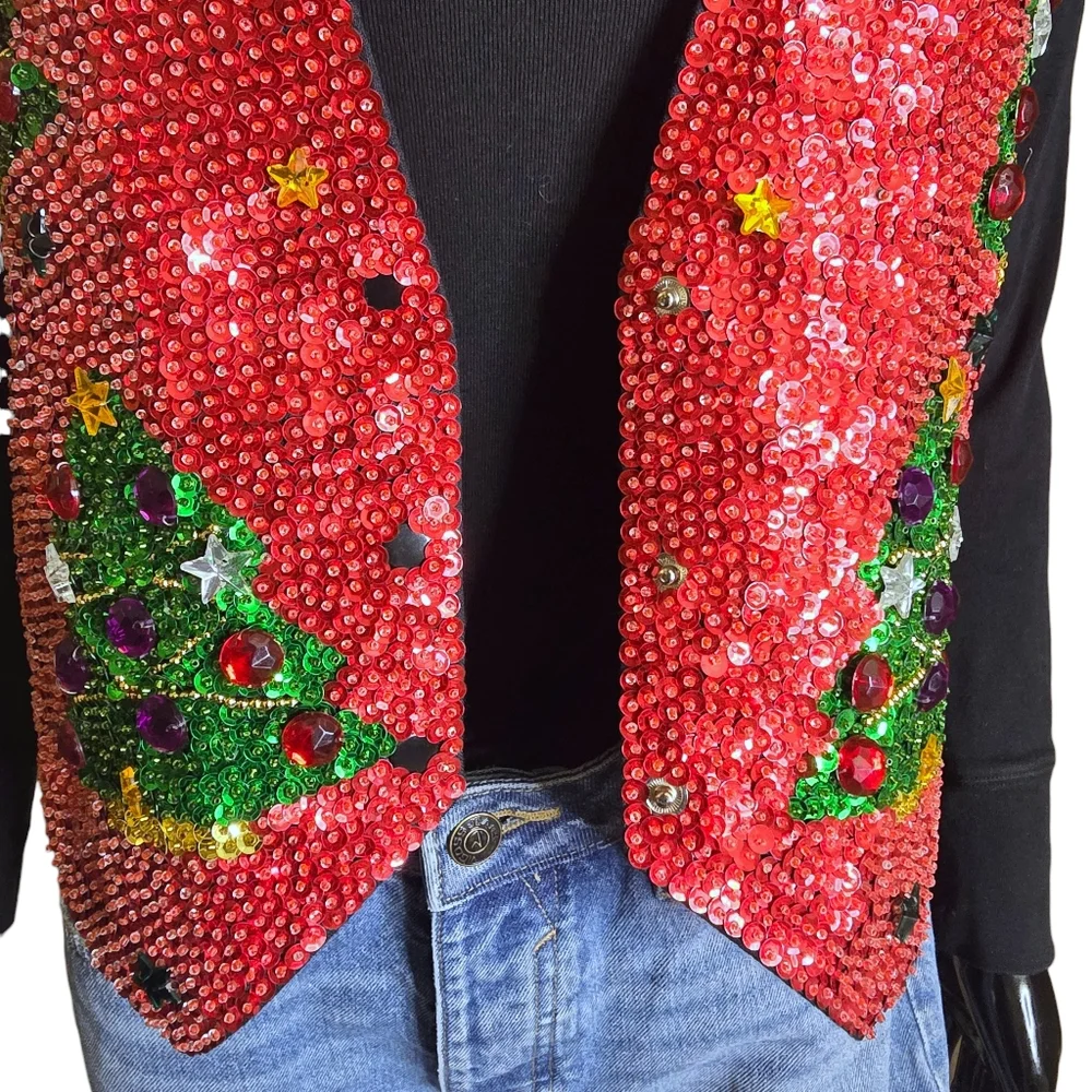 Vintage 90s JC Christmas Tree Sequin and Jewel Vest | Size Small - Picture 12 of 17